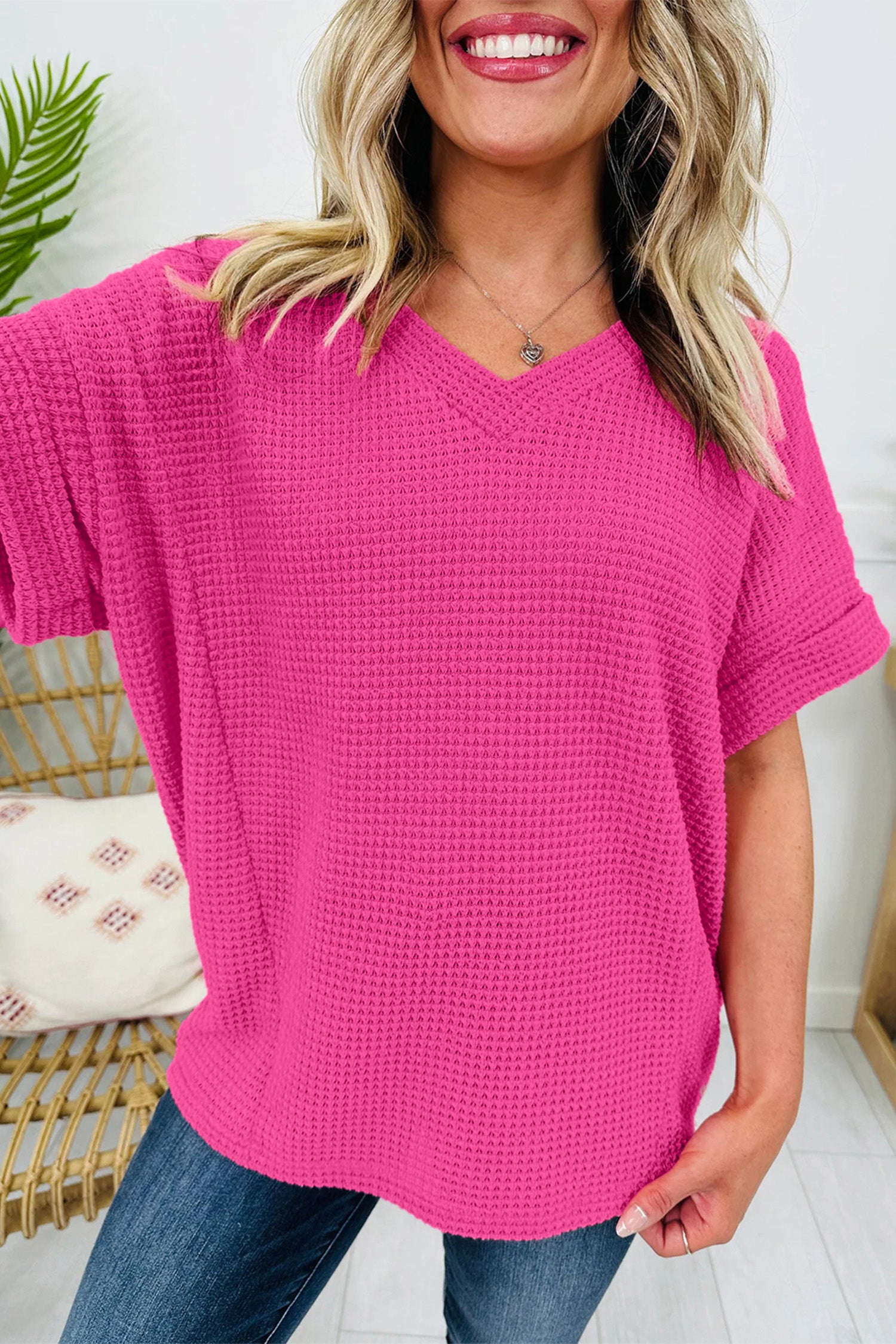 Strawberry Pink Waffle V Neck Short Sleeve Knit Top 🇺🇸