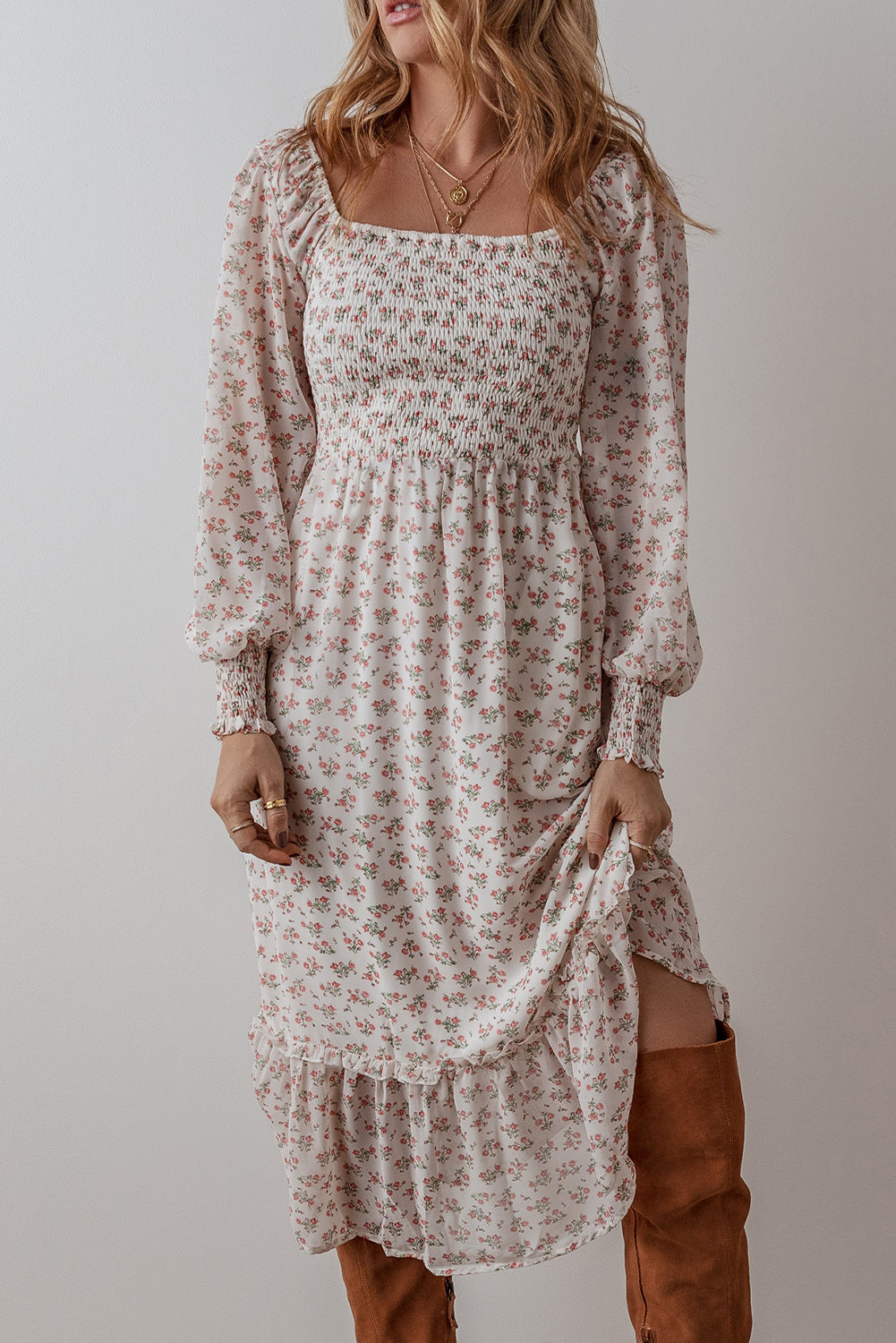 White Floral Print Shirred Ruffled Hem Square Neck Midi Dress 🇺🇸
