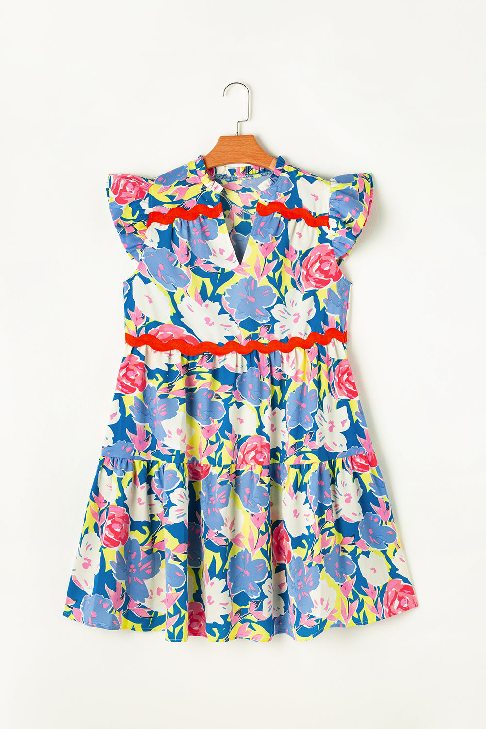 Sky Blue Floral Printed V Notched Ric Rac Flutter Sleeve Dress 🇺🇸