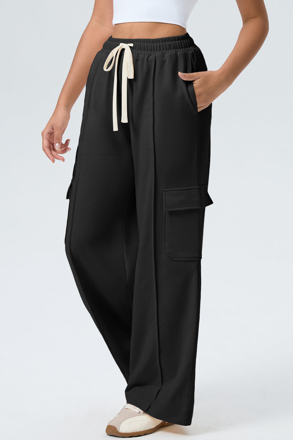 Black Solid Color Drawstring Elastic Waist Cargo Patch Pocket Active Pants 🇺🇸