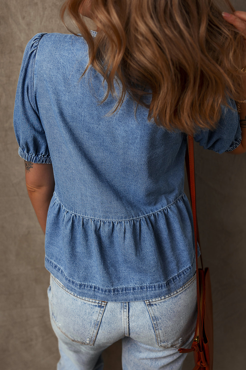 Dusk Blue Tied Front Bubble Sleeve Peplum Denim Shirt 🇨🇳