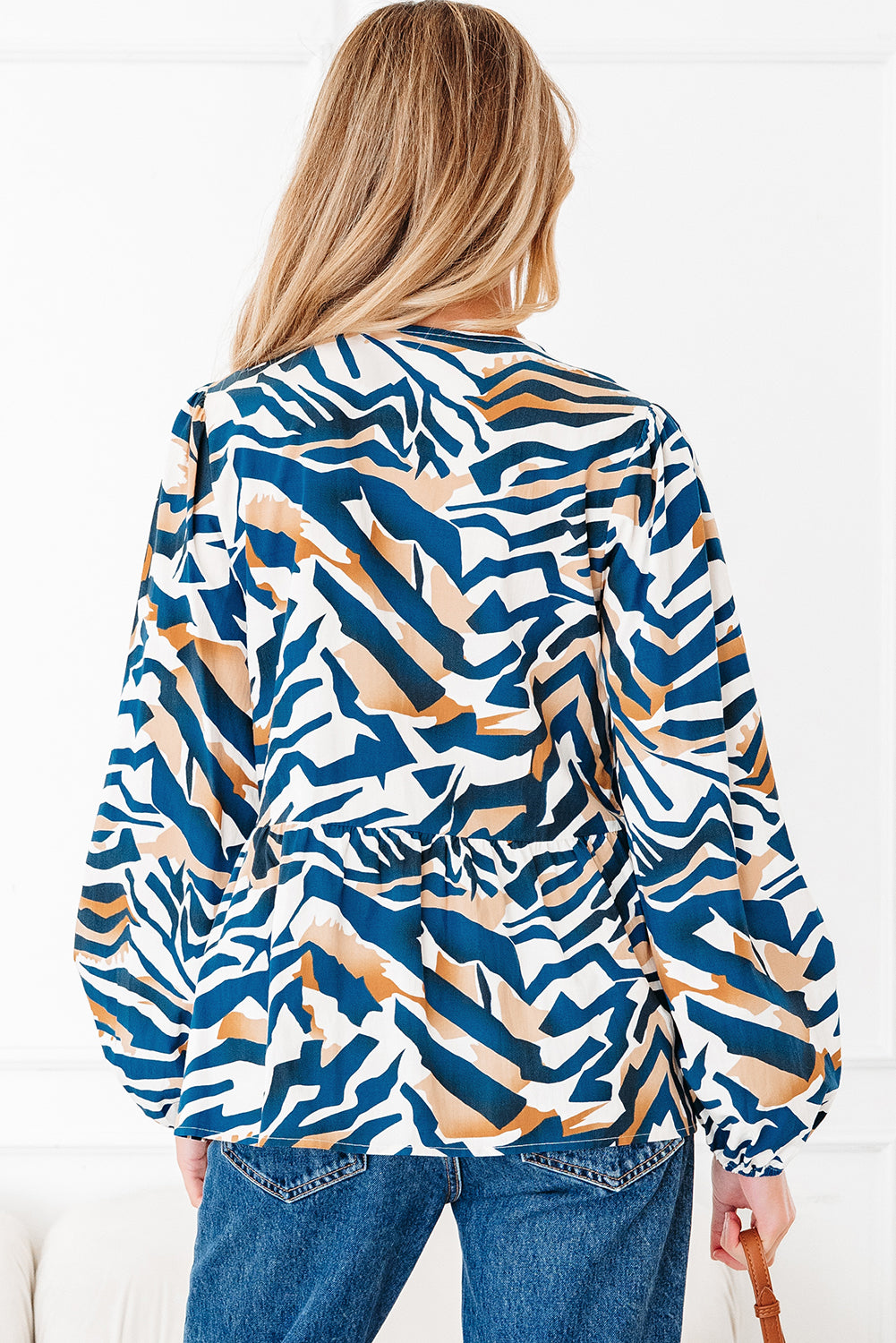Blue Zebra Print Tied Front Puff Sleeve Top 🇺🇸