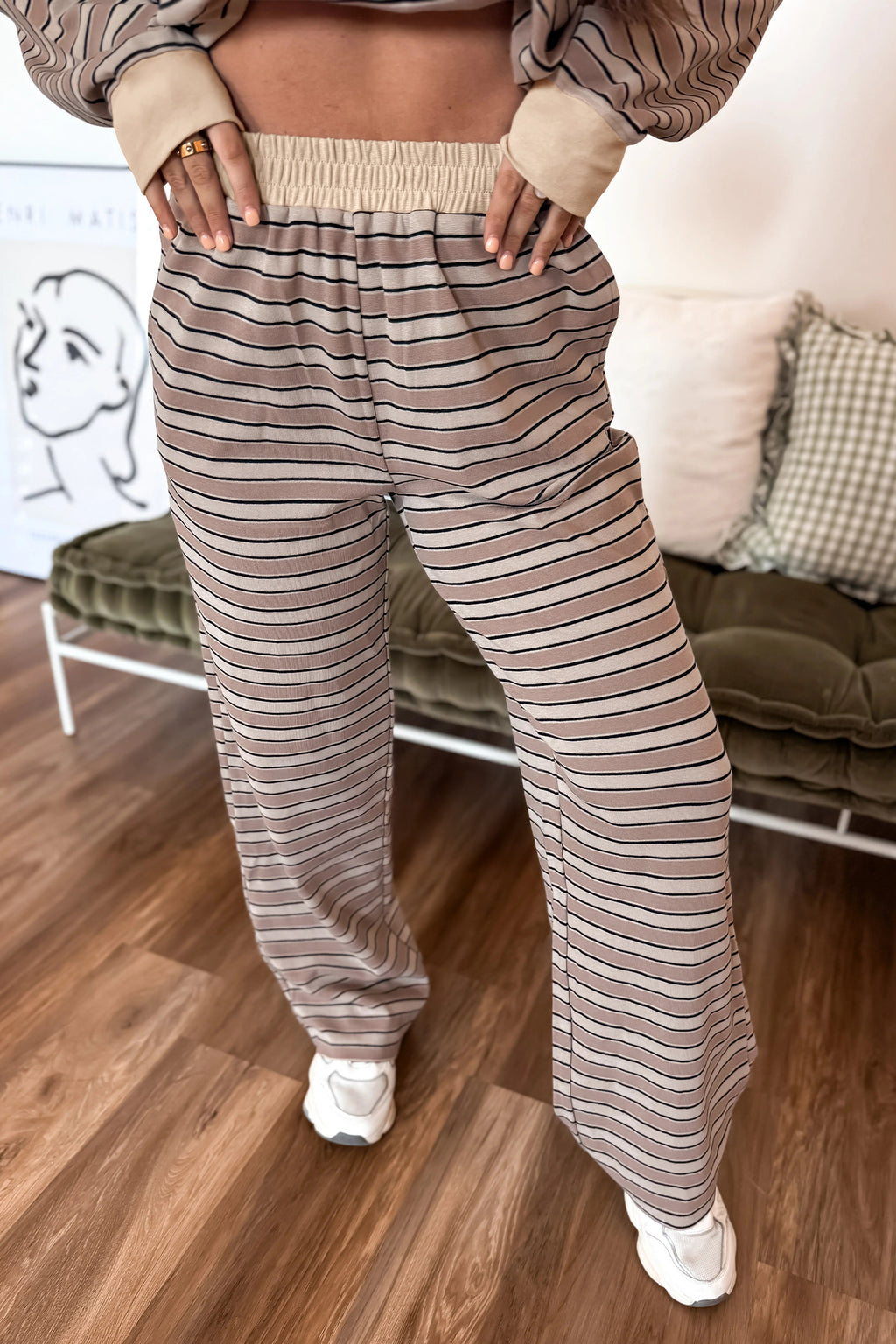 Khaki Stripe Contrast Trim Long Sleeve Top Elastic Waist Pants Set 🇺🇸