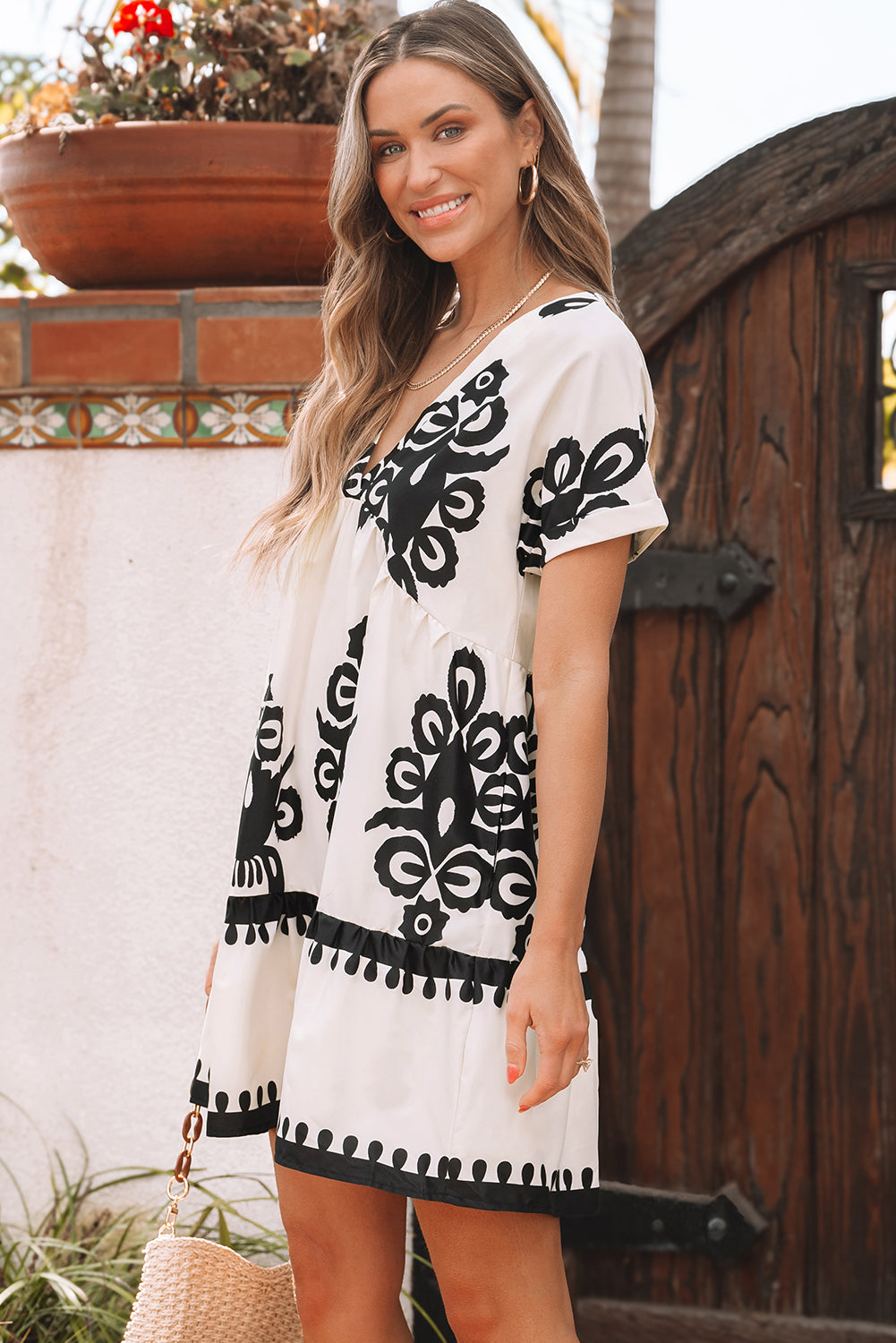 Black Vintage Print V Neck High Waist Short Sleeve Dress 🇨🇳