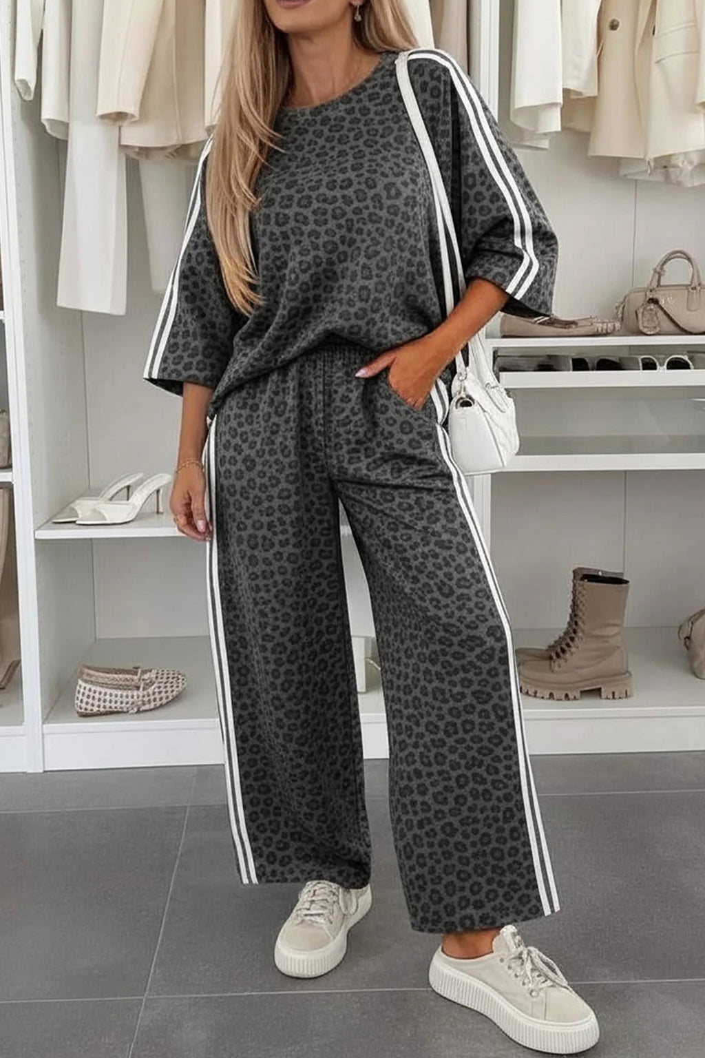 Gray Leopard Print Varsity Striped Detail 3/4 Sleeve Top Shift Pant Set 🇺🇸