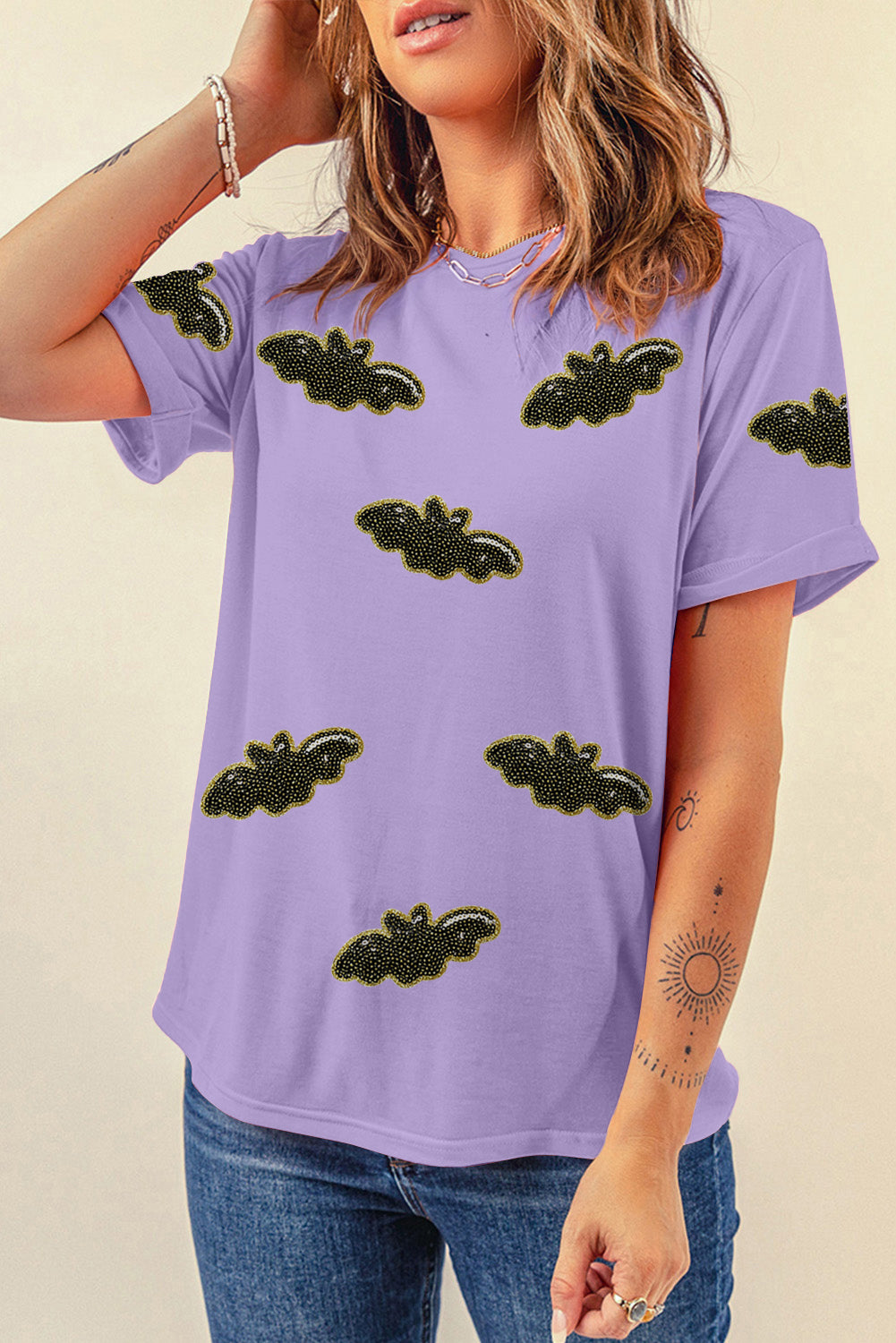 Wisteria Sequin Halloween Bat Patched Casual T Shirt 🇺🇸