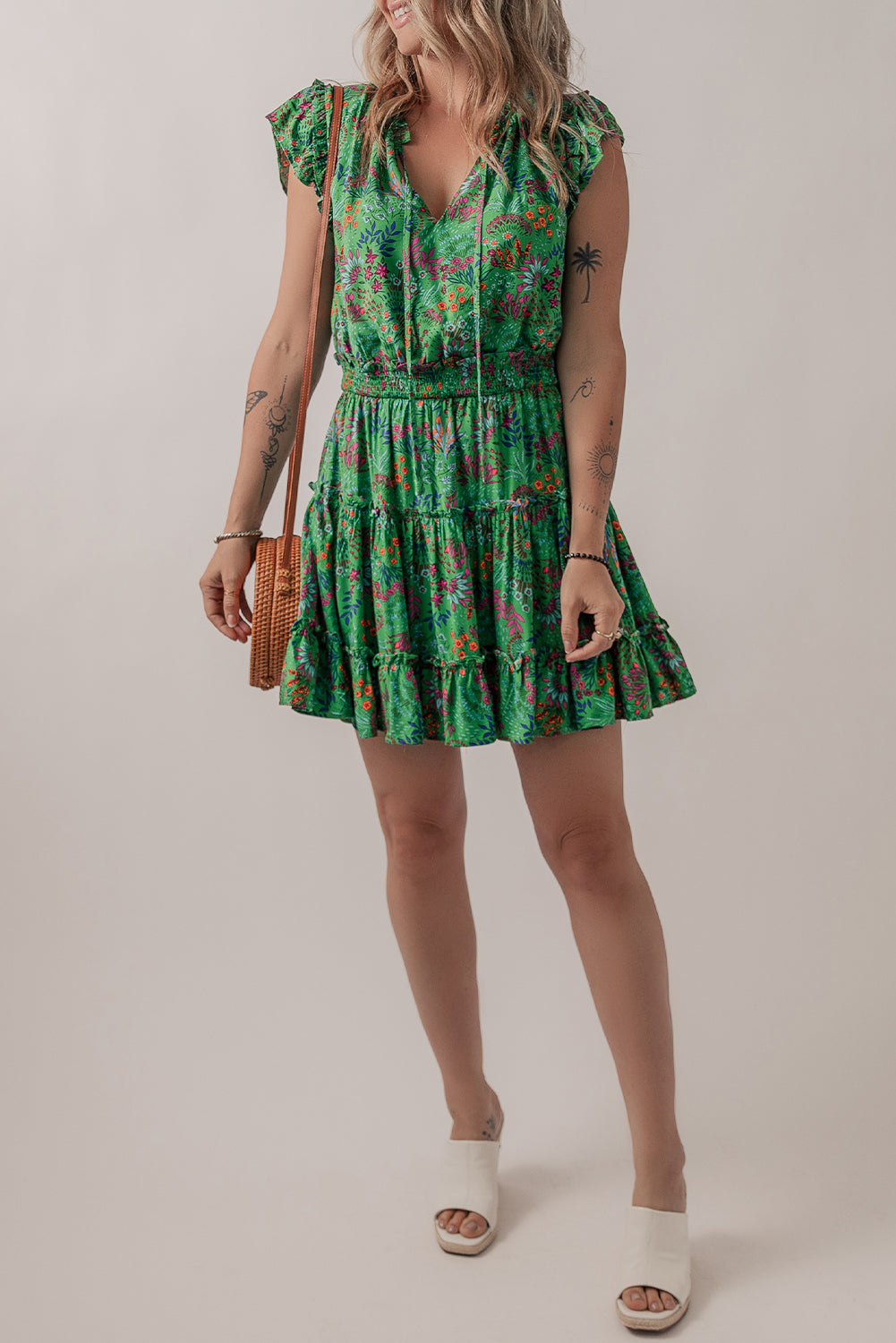 Green Floral Tie Split Neck Frilly Ruffle Trim Tiered Short Dress 🇺🇸