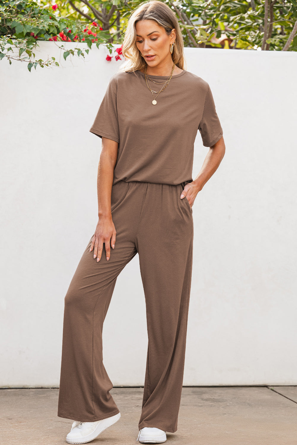 Smoke Gray Solid Color T Shirt 2pcs Wide Leg Pants Set 🇺🇸