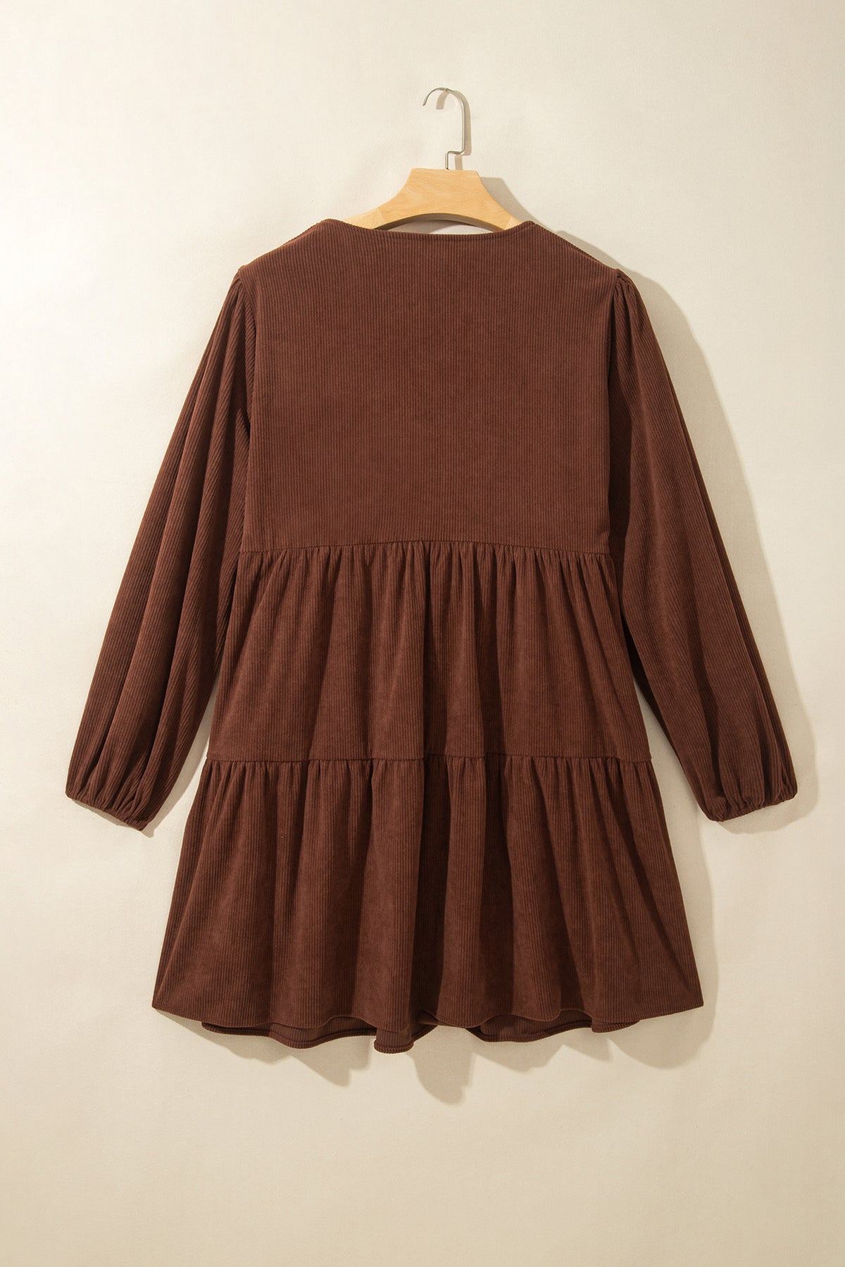 Coffee Winter Corduroy V Neck Long Sleeve Plus Size Mini Dress 🇺🇸