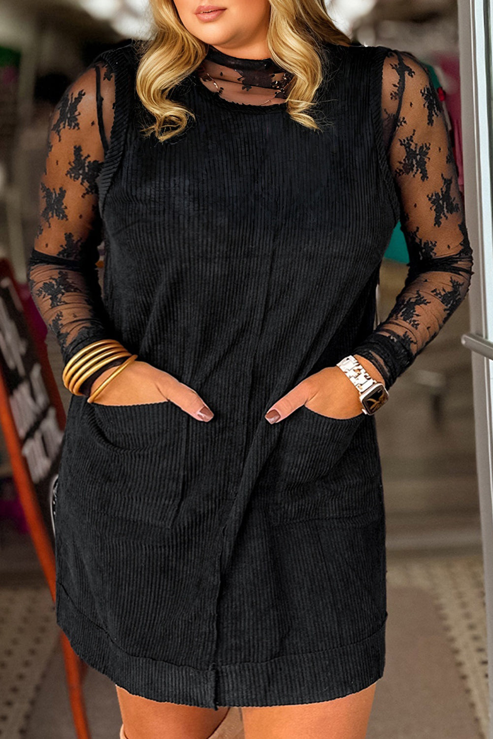 Black Plus Size Corduroy Patch Pocket Sleeveless Mini Dress 🇺🇸