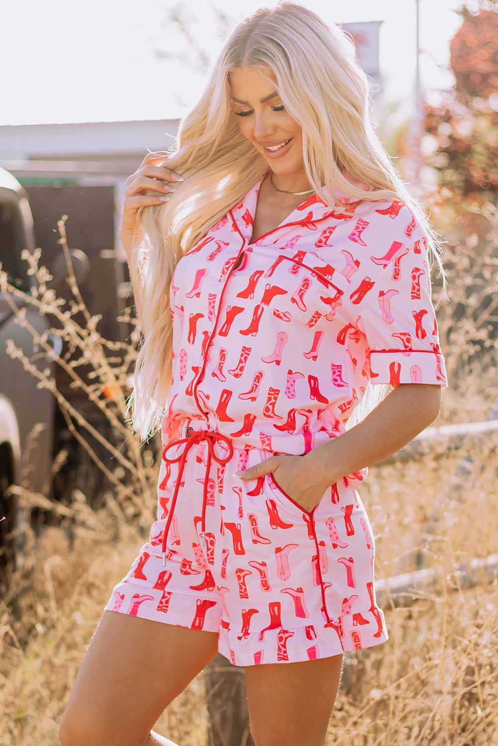 Pink Western Cowgirl Boots Printed Shirt Ruffled Shorts Pajama Set 🇨🇳