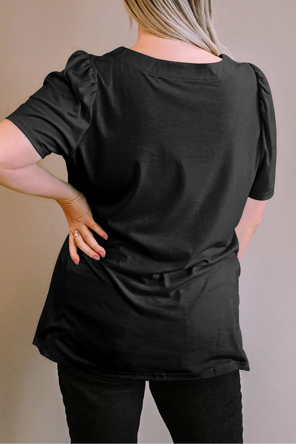 Black Plus Size Square Neck Ruched Shoulder Short Sleeve Top 🇺🇸