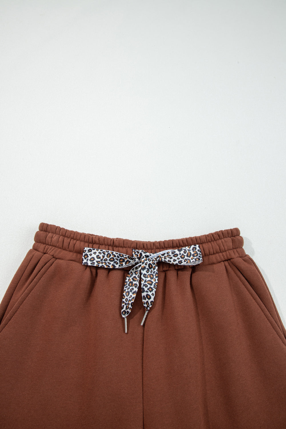 Coffee Fleece Lined Leopard Drawstring Elastic Waist Solid Pants 🇺🇸