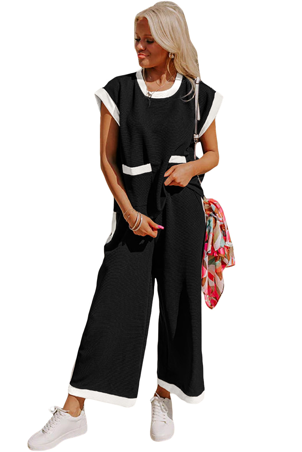 Black Color Block Pocketed T Shirt and Wide Leg Pants Set 🇨🇳