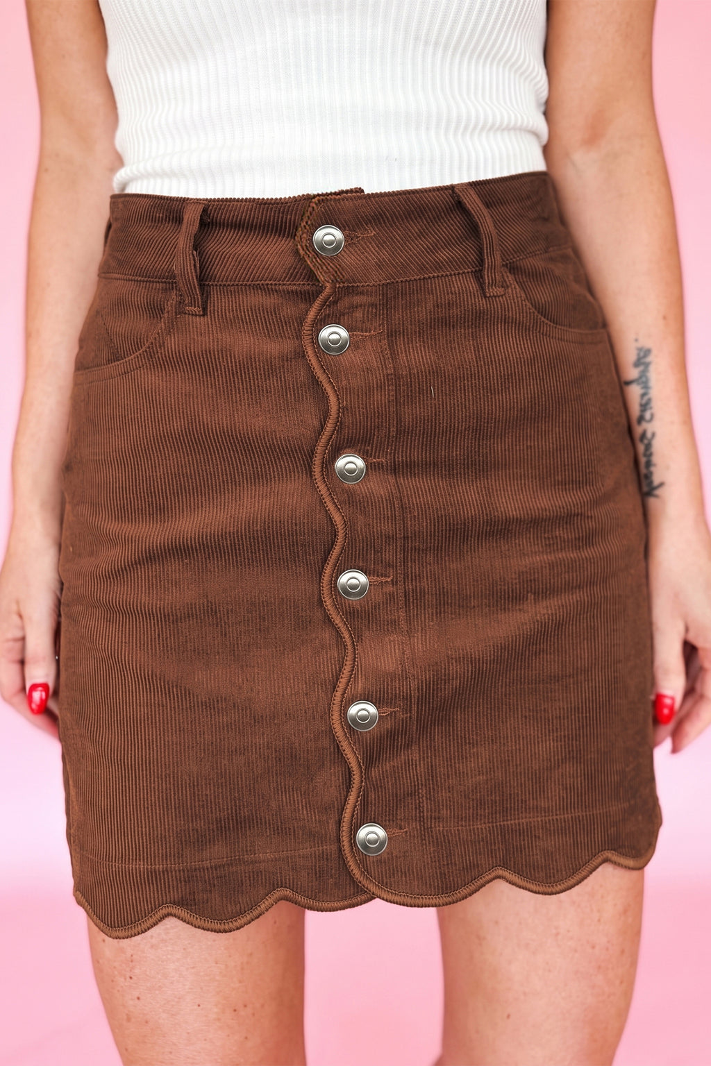 Coffee Button Front Corduroy Mini Pockets Sheath Silhouette Skirt 🇺🇸