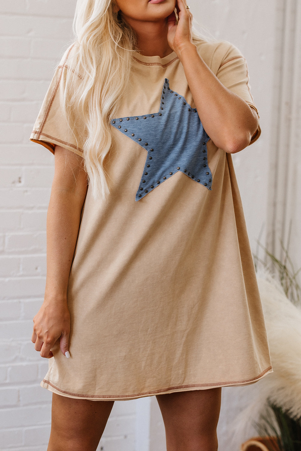 Pale Khaki Mineral Wash Stud Beaded Star Graphic Pocketed T Shirt Dress 🇨🇳