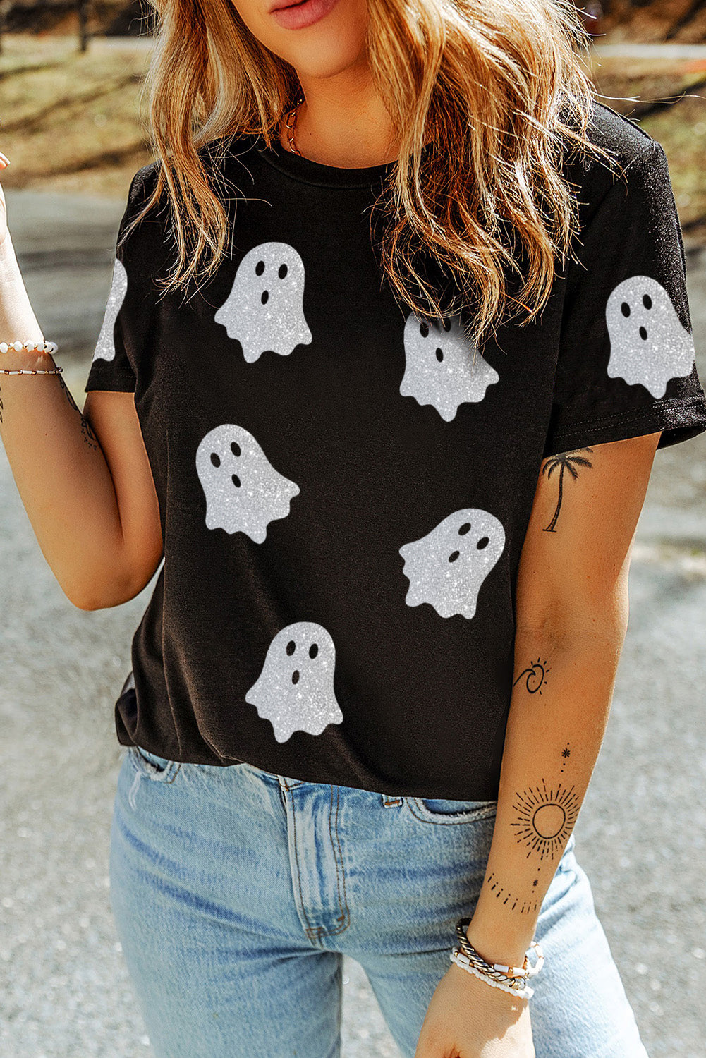Black Glitter Ghost Pattern Crew Neck Halloween T Shirt 🇺🇸