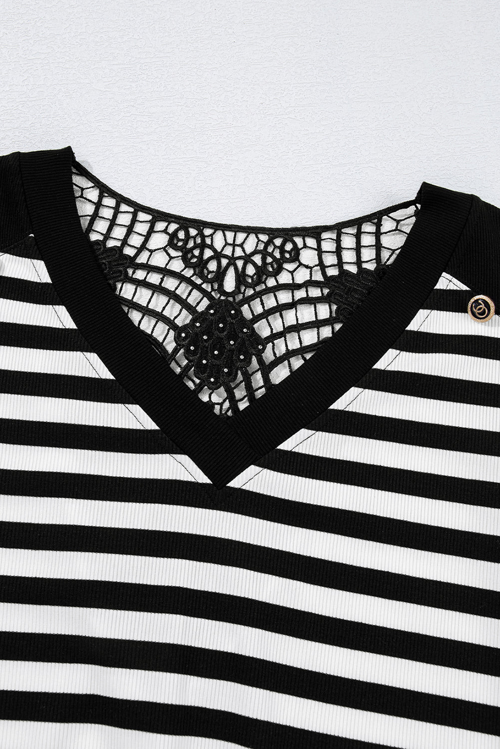Black Stripe Crochet Hollow-out Back Buttoned Shoulder V Neck Top 🇺🇸