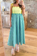 Green Stripe Scalloped Contrast Patchwork Knot Strap Midi Dress 🇺🇸