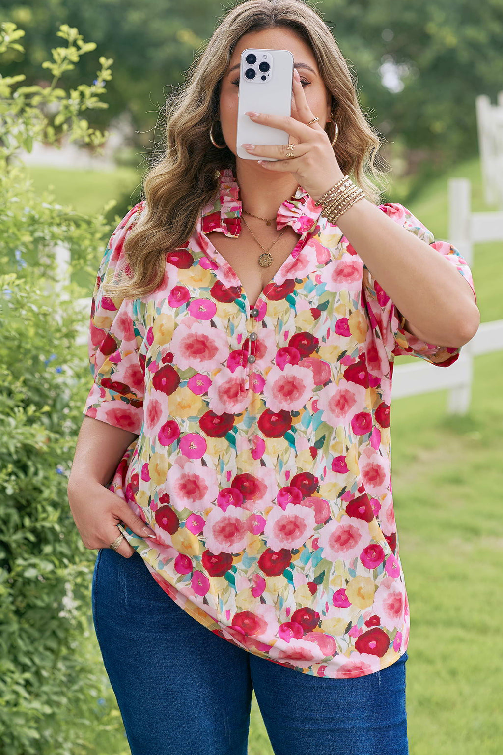 Pink Plus Size Flower Print Split V Neck Puff Short Sleeve Top 🇺🇸