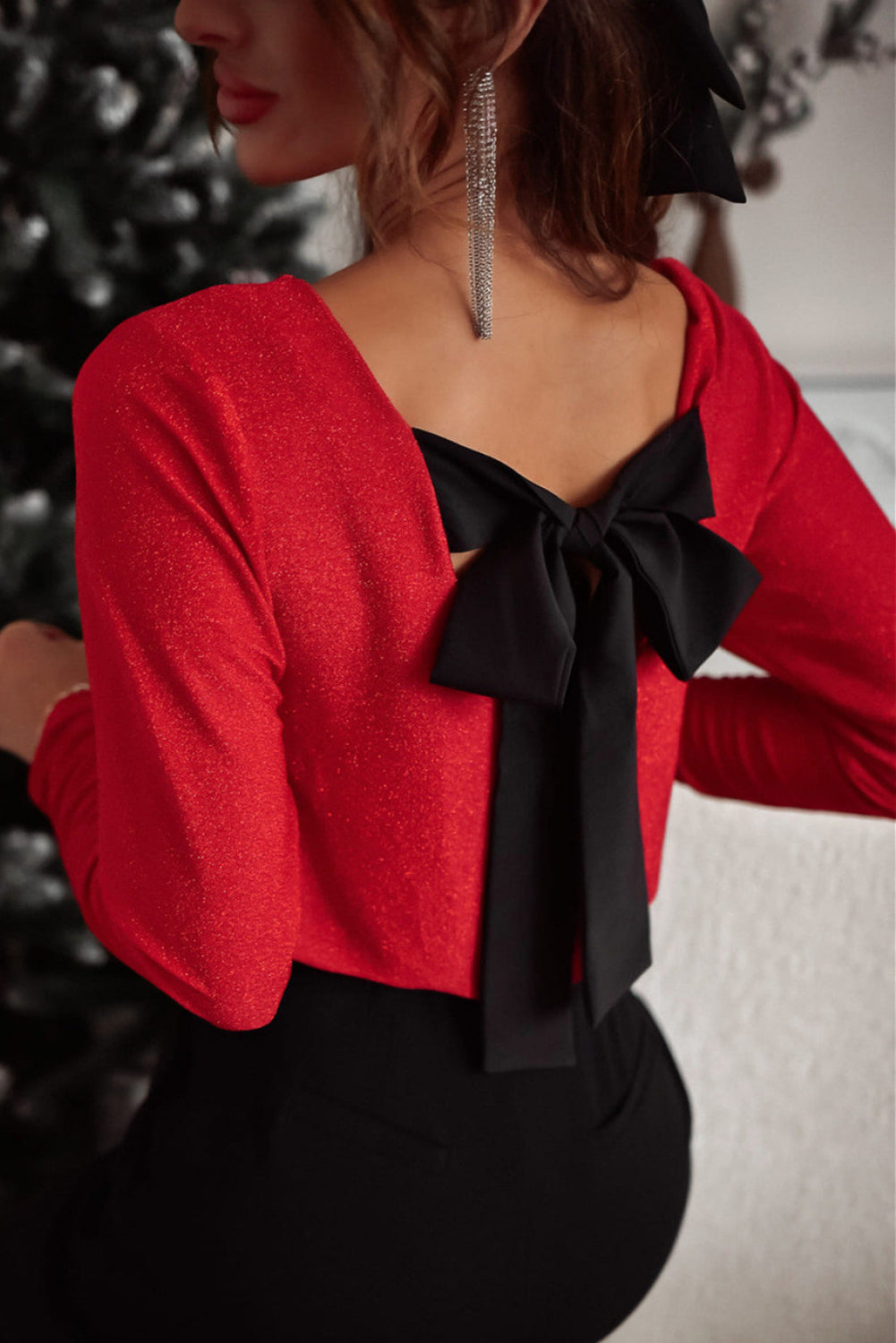 Racing Red Metallic Bowknot Open Back V Neck Top 🇺🇸