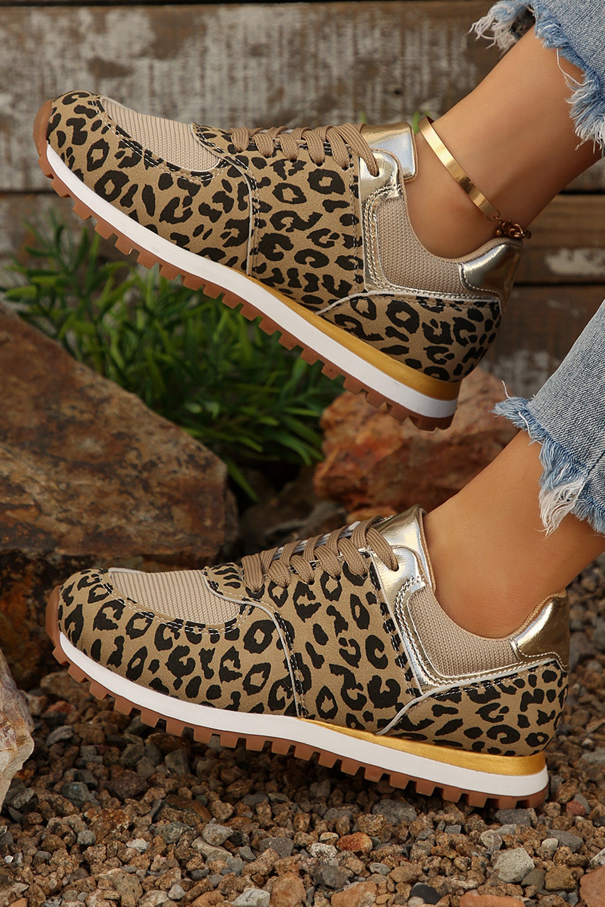 Coffee Leopard Faux Suede Mixed Patchwork Lace Up Sneakers 🇺🇸