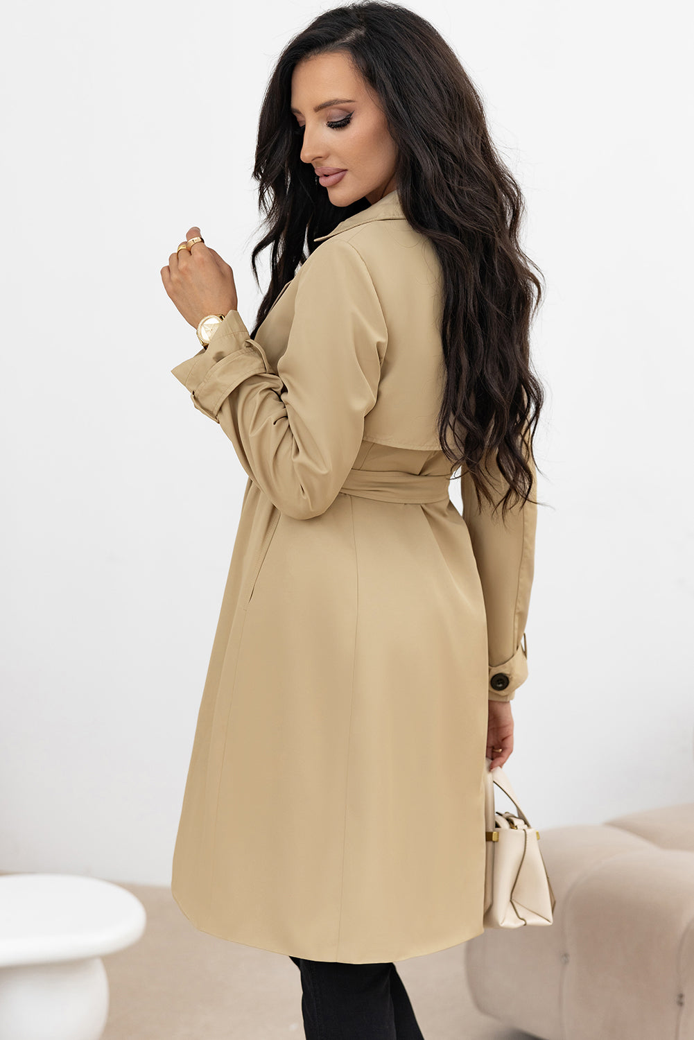 Pale Khaki Solid Color Lapel Collar Waist Tie Wind Coat 🇺🇸