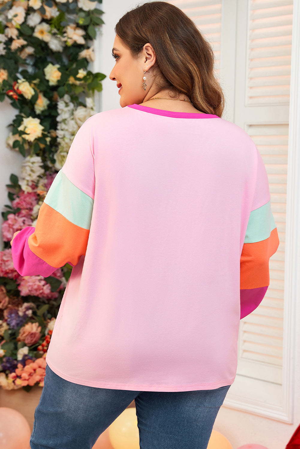 Pink Colorblock Patchwork Long Sleeve Plus Size Top 🇨🇳