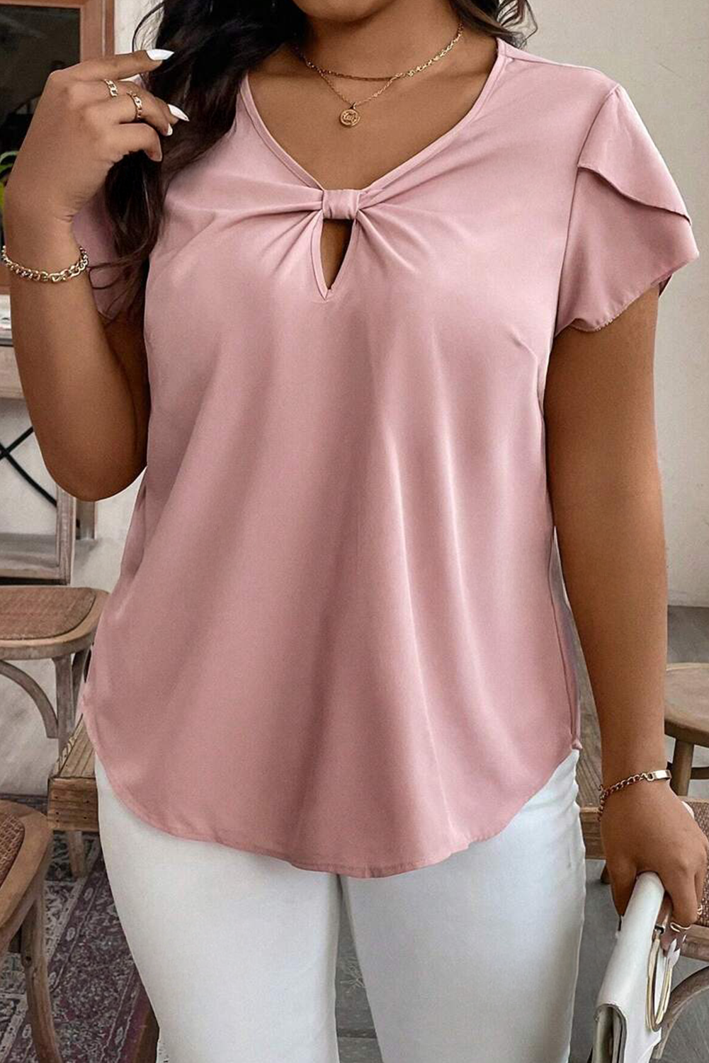 Pink Knotted Keyhole Front Petal Short Sleeve Plus Size Top 🇨🇳