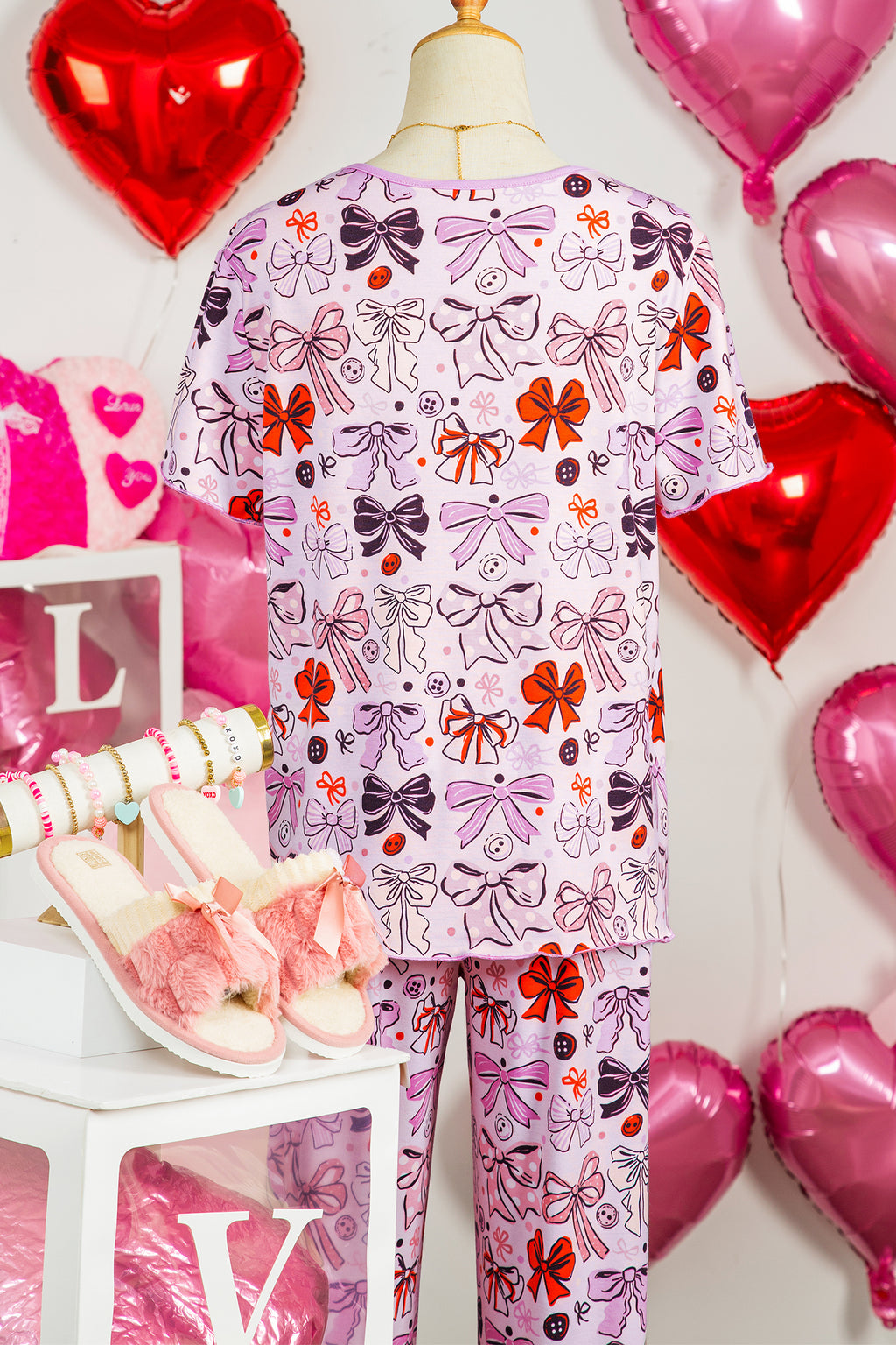 Pink Diverse Bows Buttons Printed Contrast Trim Short Sleeve Shirt Pajama Pant Set 🇺🇸