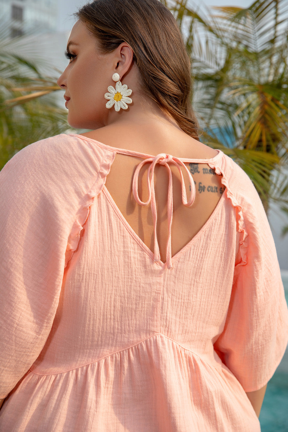 Apricot Pink Plus Size Textured Wide Short Sleeve Babydoll Blouse 🇨🇳