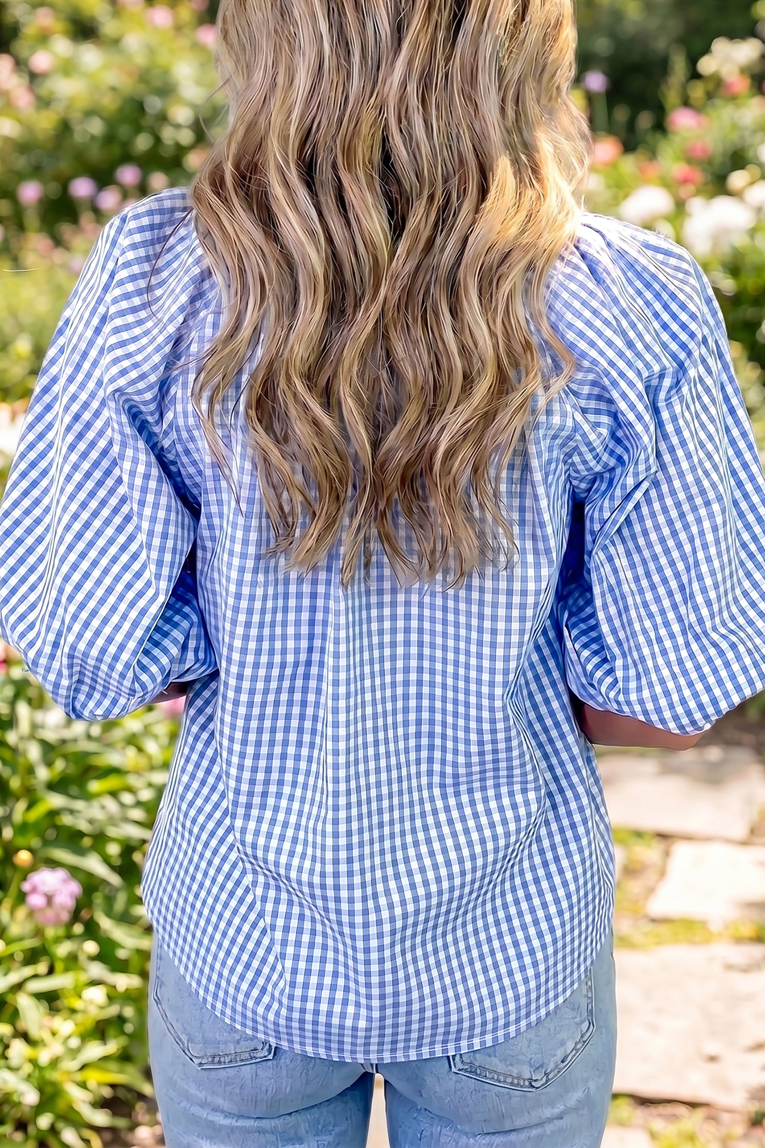 Sky Blue Summer Plaid V Neck Puff Sleeve Blouse 🇺🇸