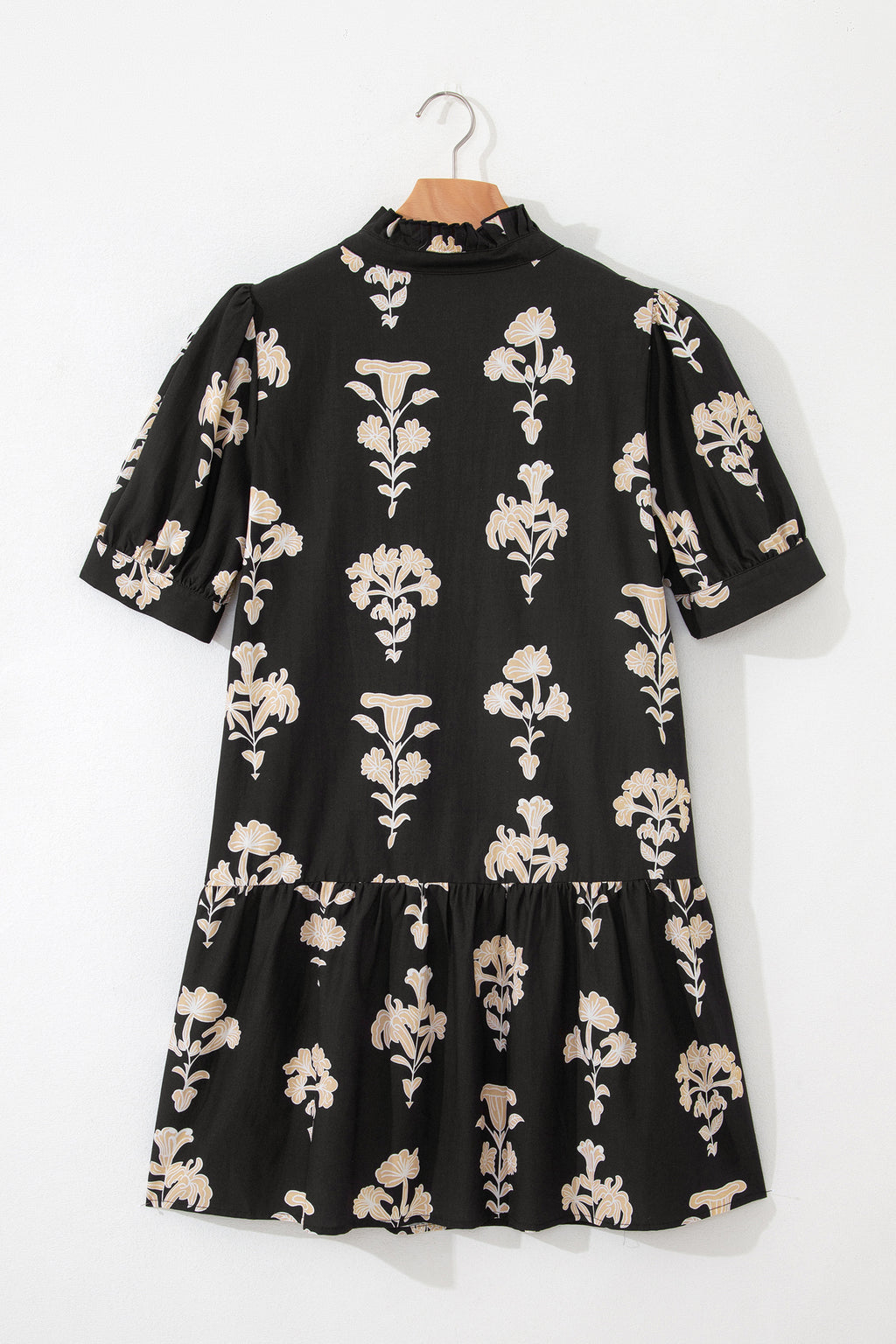 Black Frilled V Neck Puff Short Sleeve Floral Mini Dress 🇺🇸