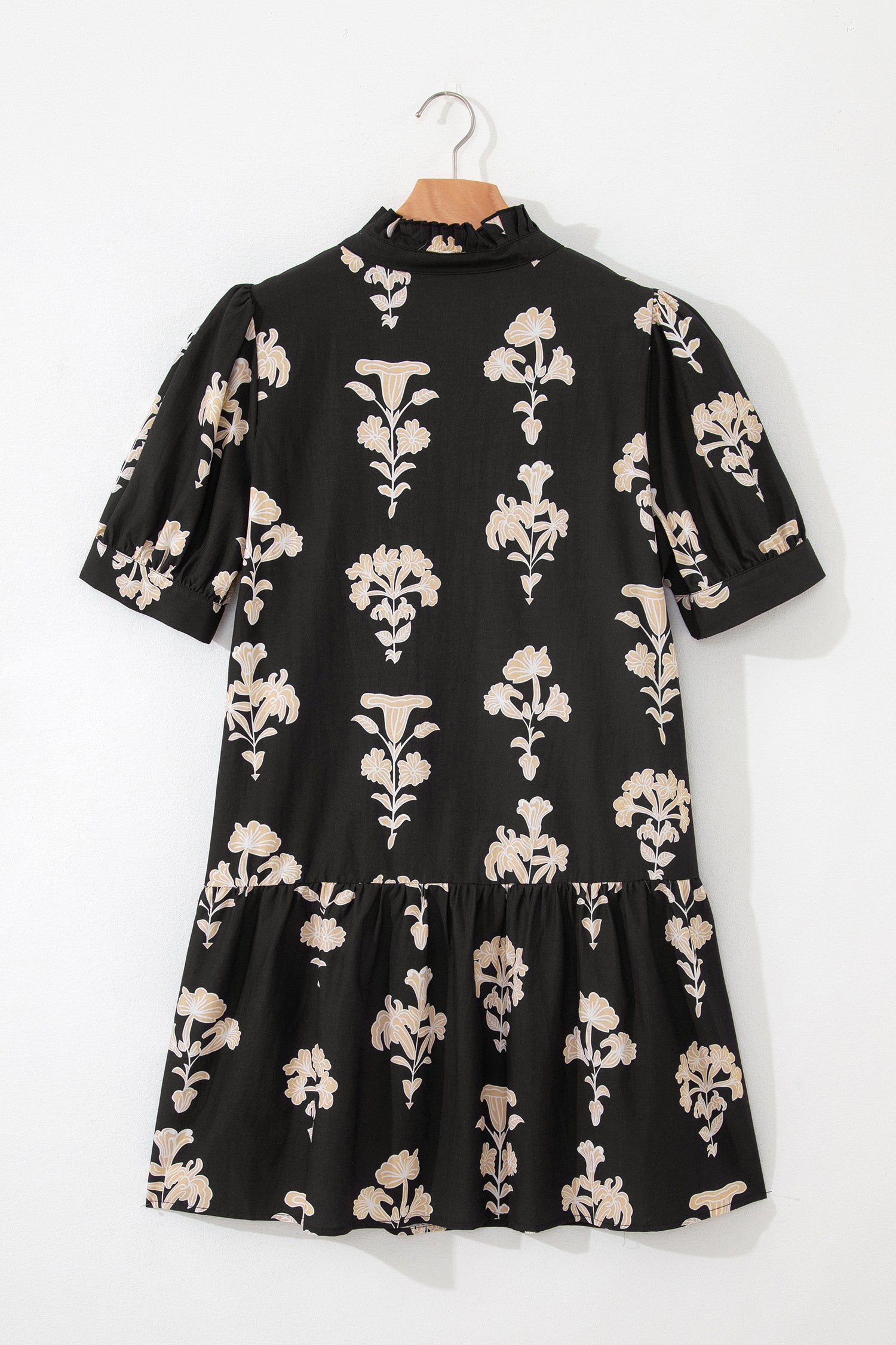 Black Frilled V Neck Puff Short Sleeve Floral Mini Dress 🇺🇸