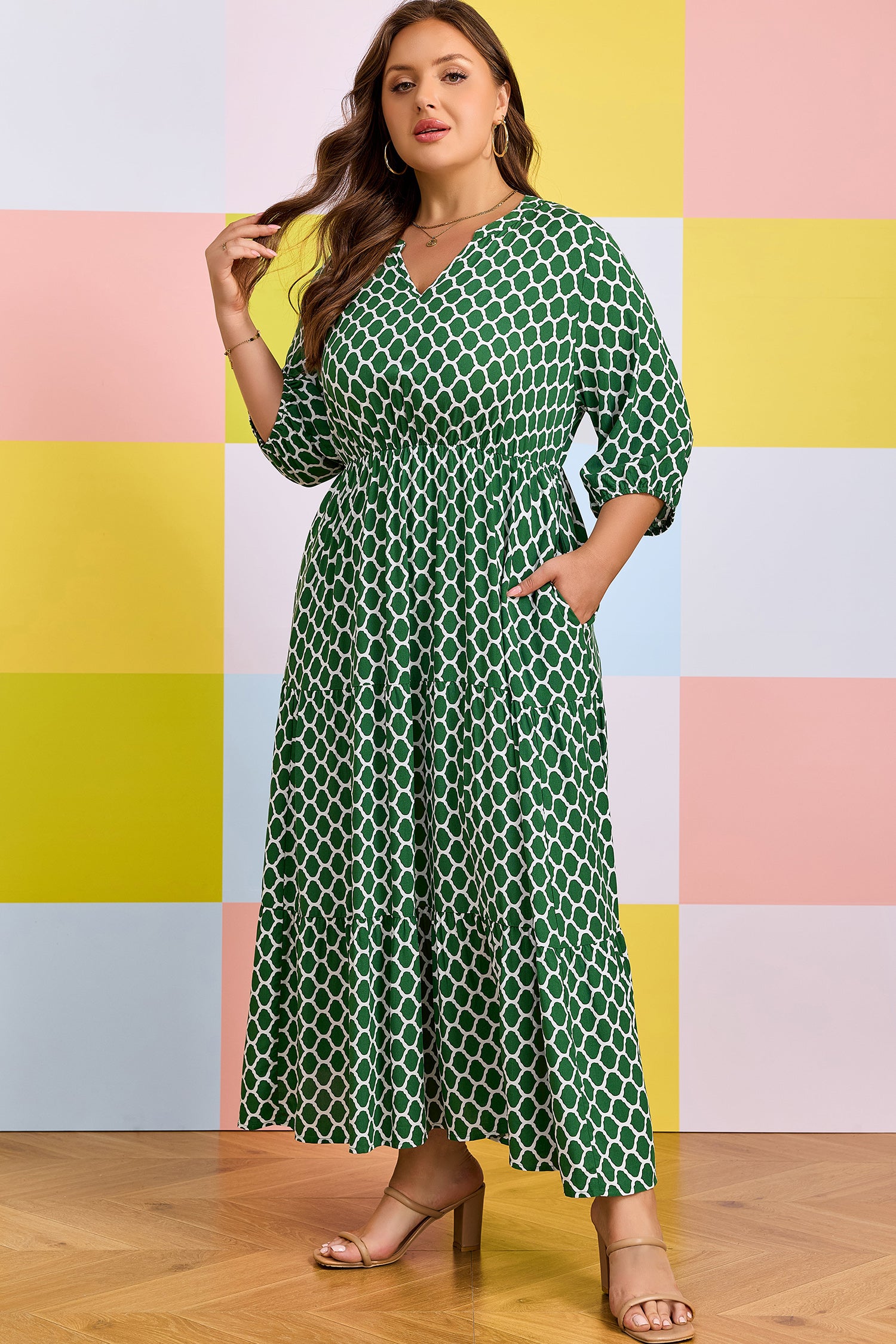 Green Plus Size Geometric Print Pocketed Ruffle Hem Casual Dress 🇺🇸