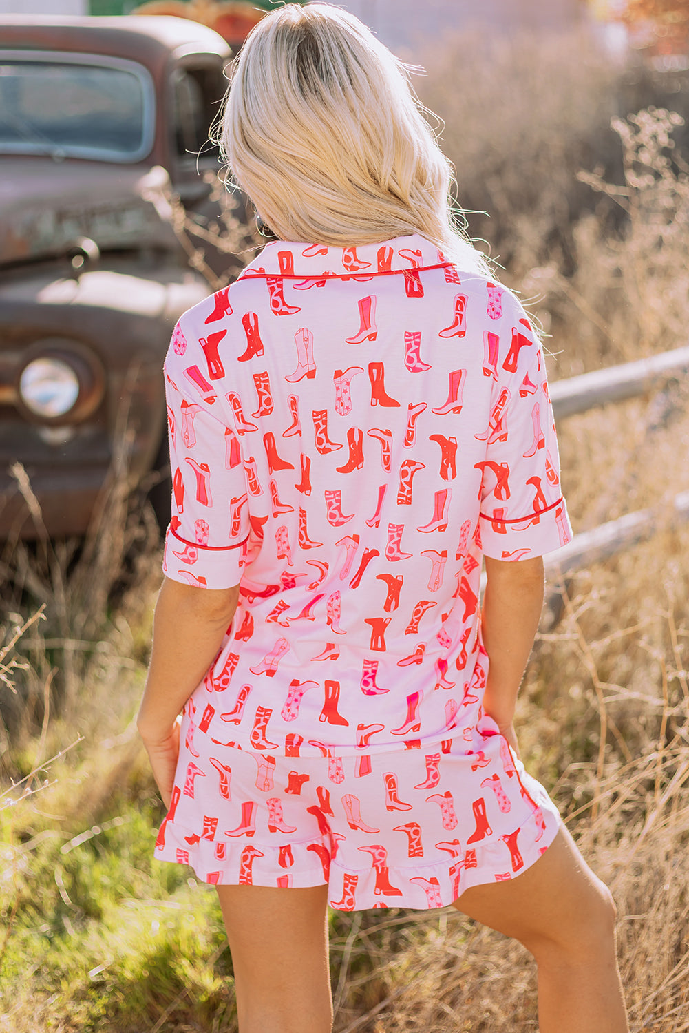 Pink Western Cowgirl Boots Printed Shirt Ruffled Shorts Pajama Set 🇨🇳