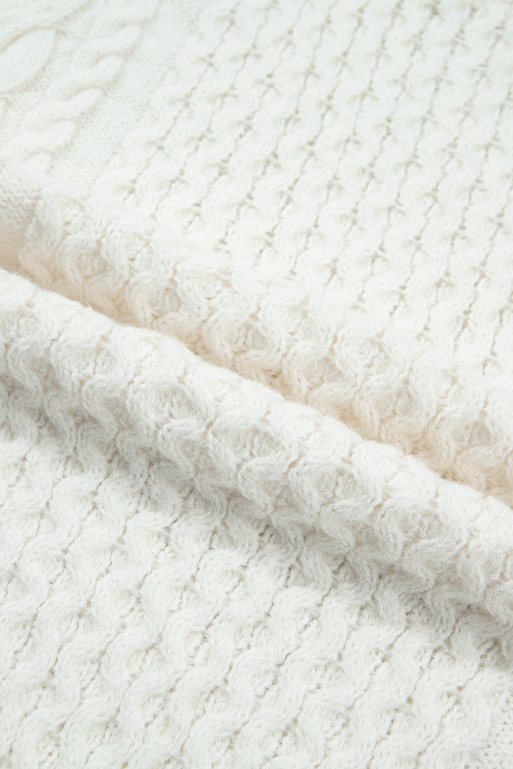 Beige Solid Color Cable Detail Knit Loose Round Neck Sweater 🇺🇸