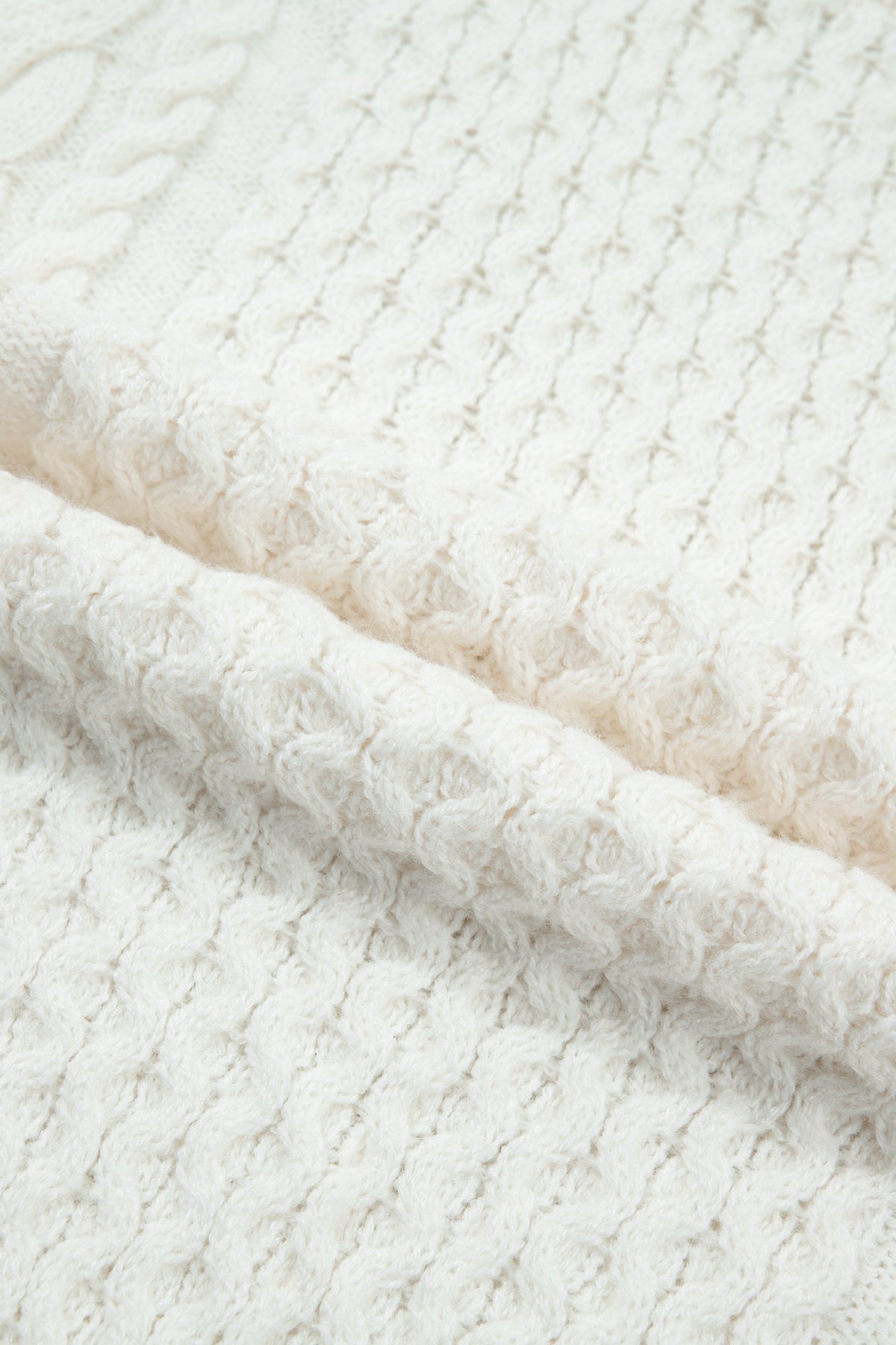Beige Solid Color Cable Detail Knit Loose Round Neck Sweater 🇺🇸