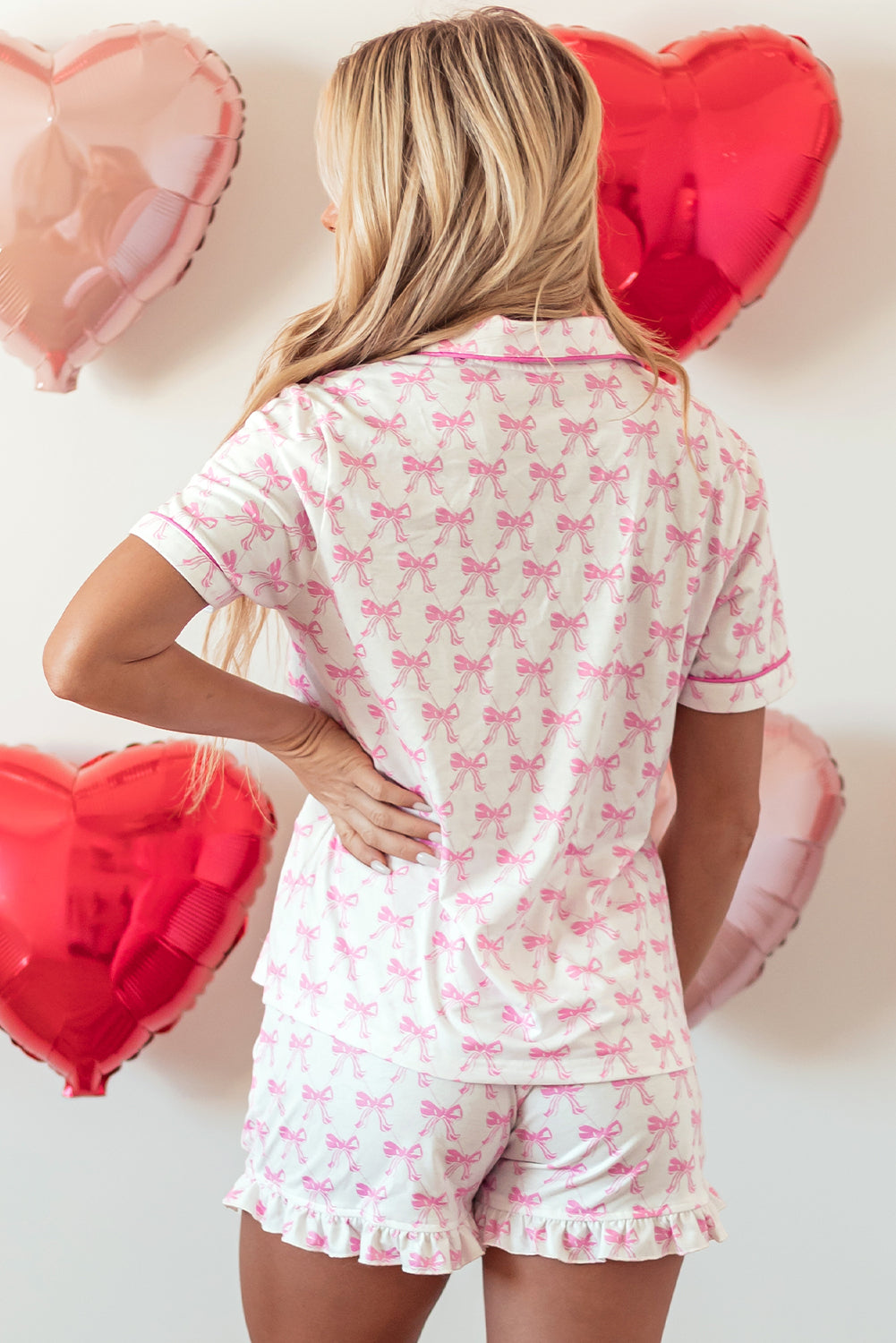 Pink Bowknot Printed Short Sleeve and Ruffled Shorts Pajama Set 🇨🇳