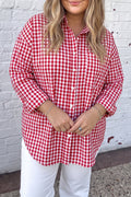 Red Plaid V Neck Long Sleeve Tunic Loose Fit Plus Size Shirt 🇺🇸