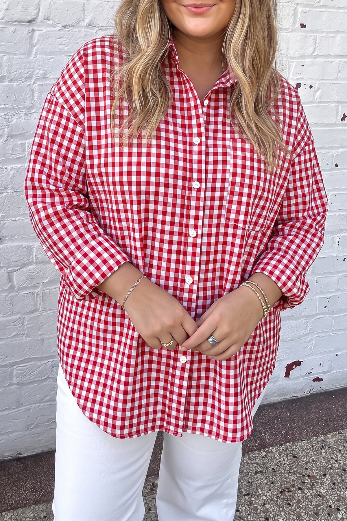 Red Plaid V Neck Long Sleeve Tunic Loose Fit Plus Size Shirt 🇺🇸