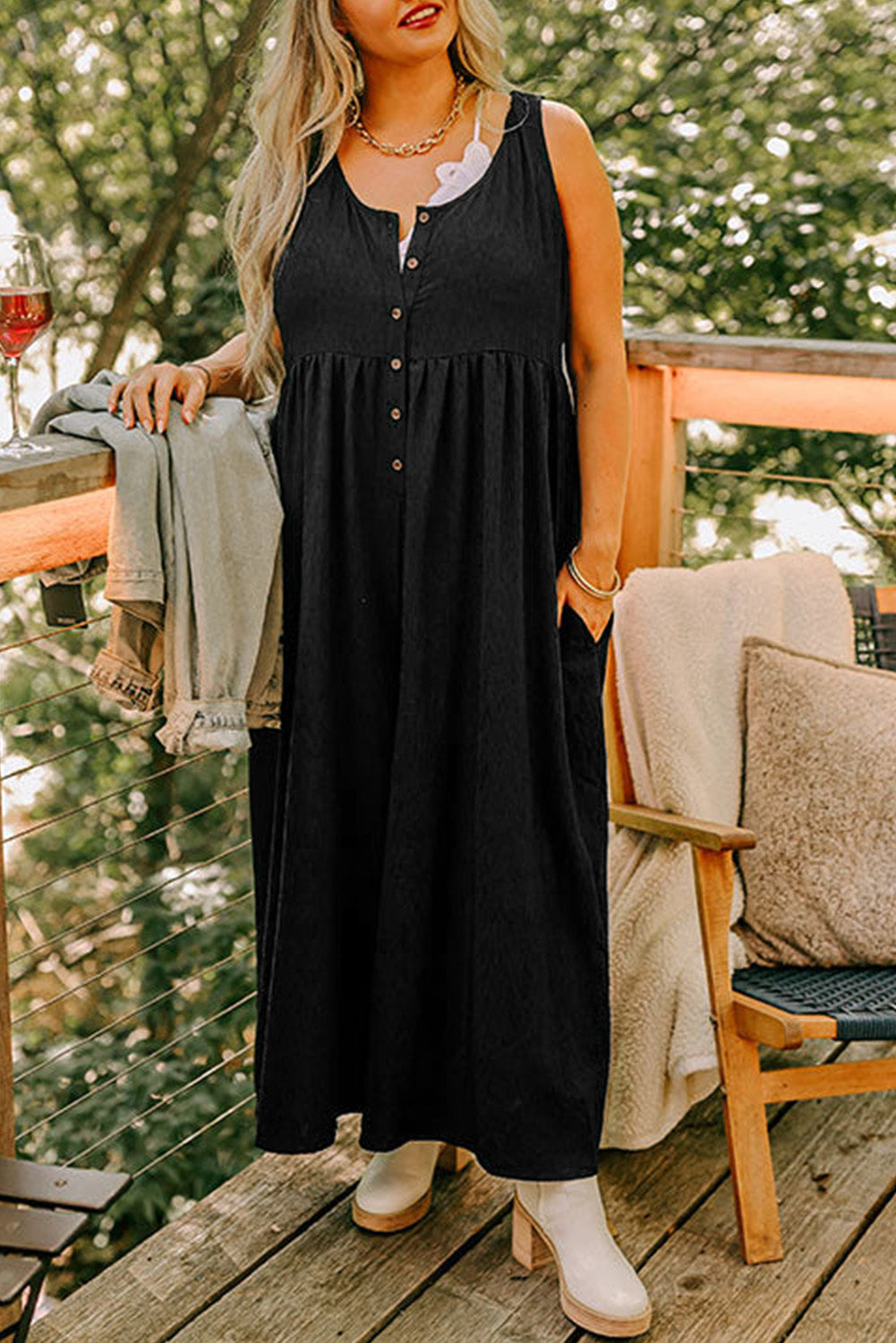 Black Plus Size Sleeveless Button Front Loose Jumpsuit 🇺🇲