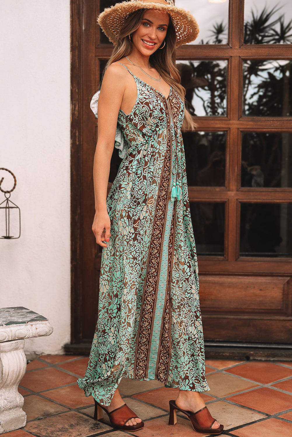 Green Floral Print V Neck Ruffled Trim Backless Tassel Waist Maxi Dress 🇺🇸