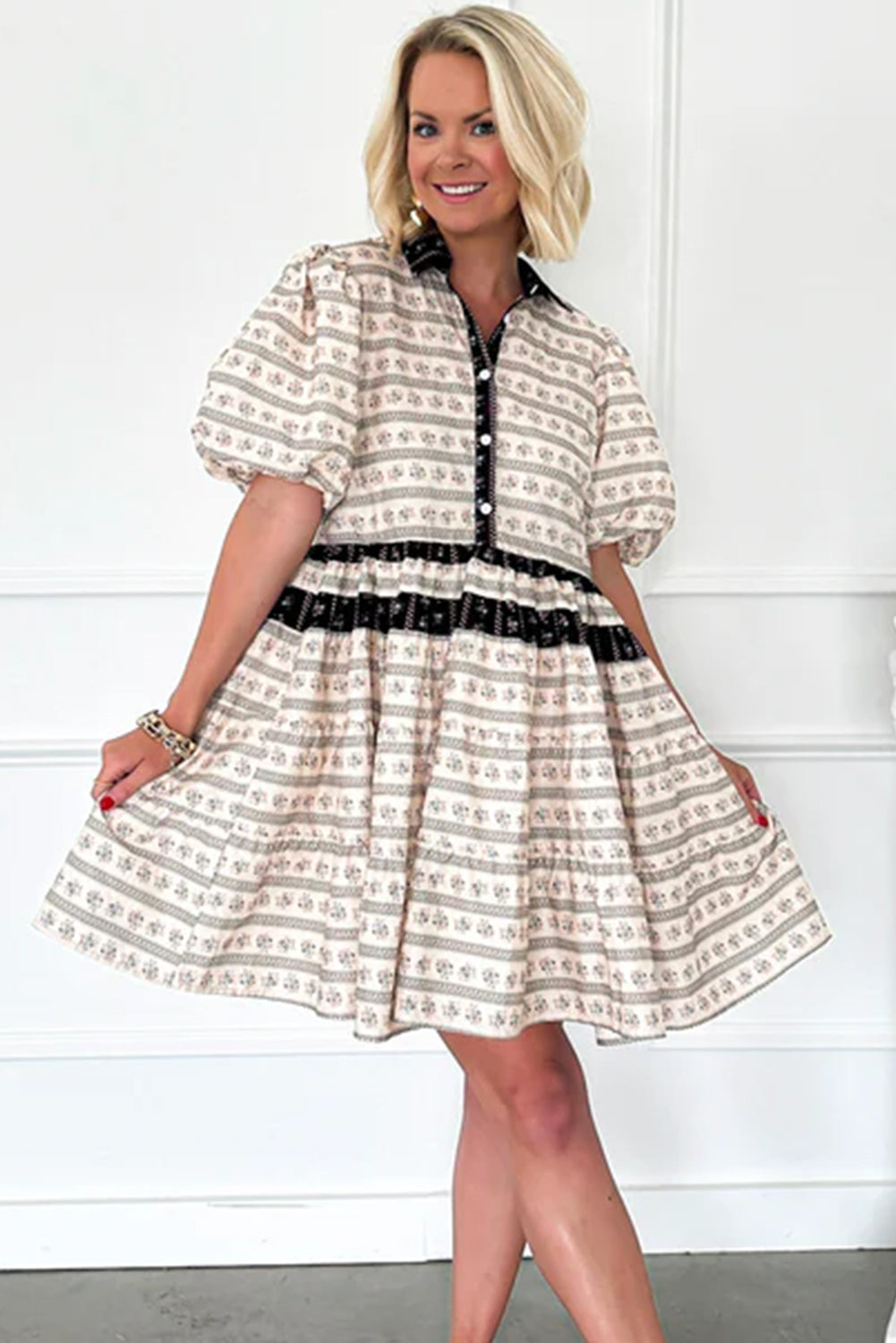 Black Boho Floral Striped Contrast Trim Bubble Sleeve Flared Dress 🇺🇸