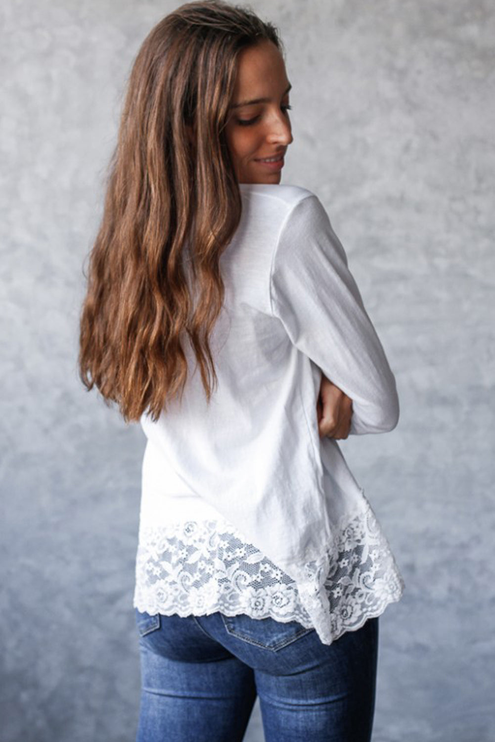 White Lace Trim V Neck Cuffed Long Sleeve Loose Top 🇺🇸