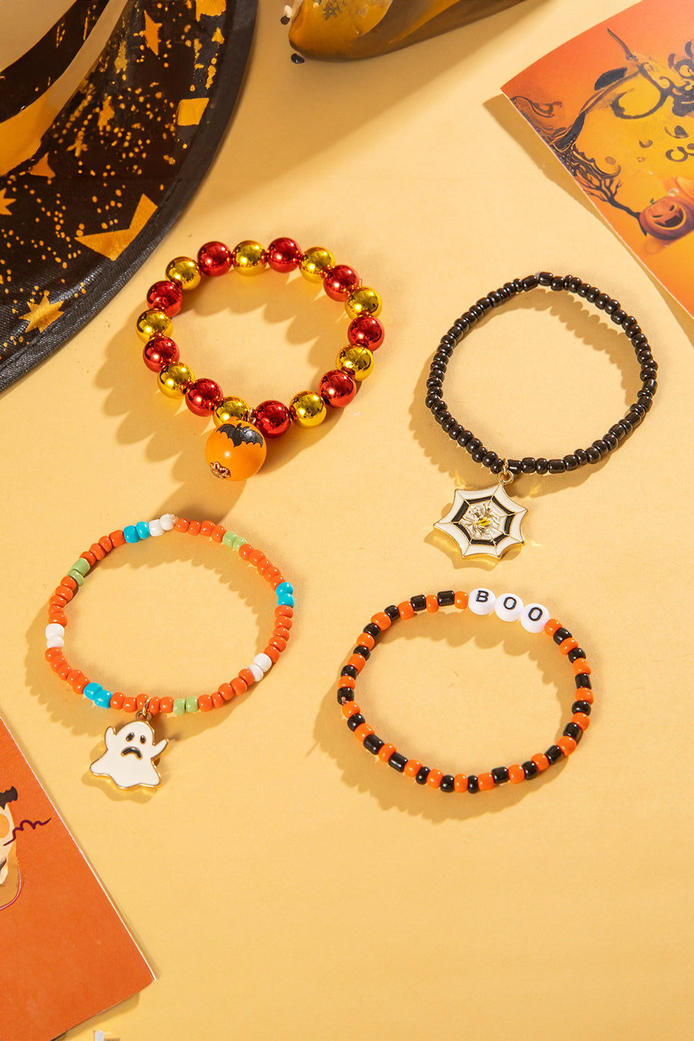 Orange 4pcs Halloween Ghost Spider Web Beaded Bracelet Set 🇺🇸