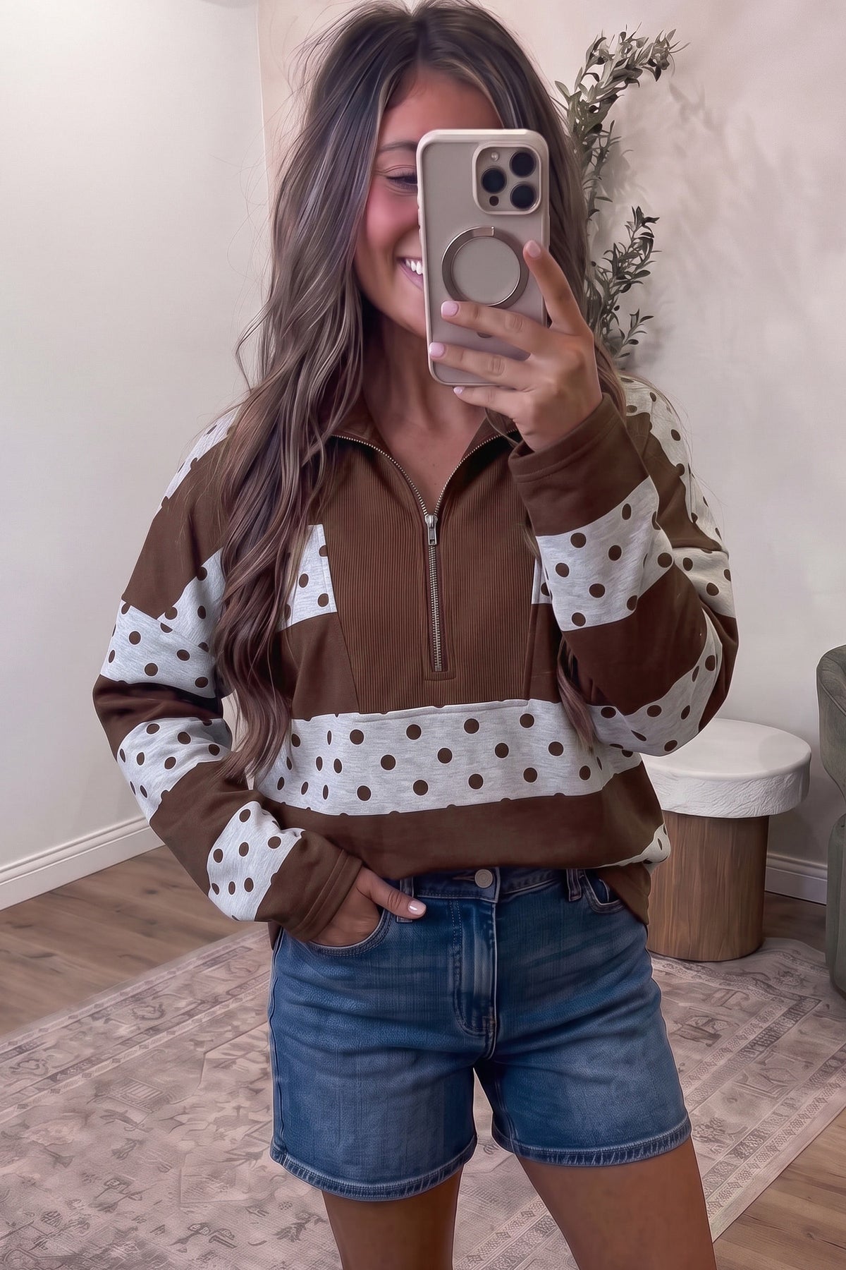 Pink Stripe Patchwork Polka Dot Accent Quarter Zip Long Sleeve Top 🇺🇸