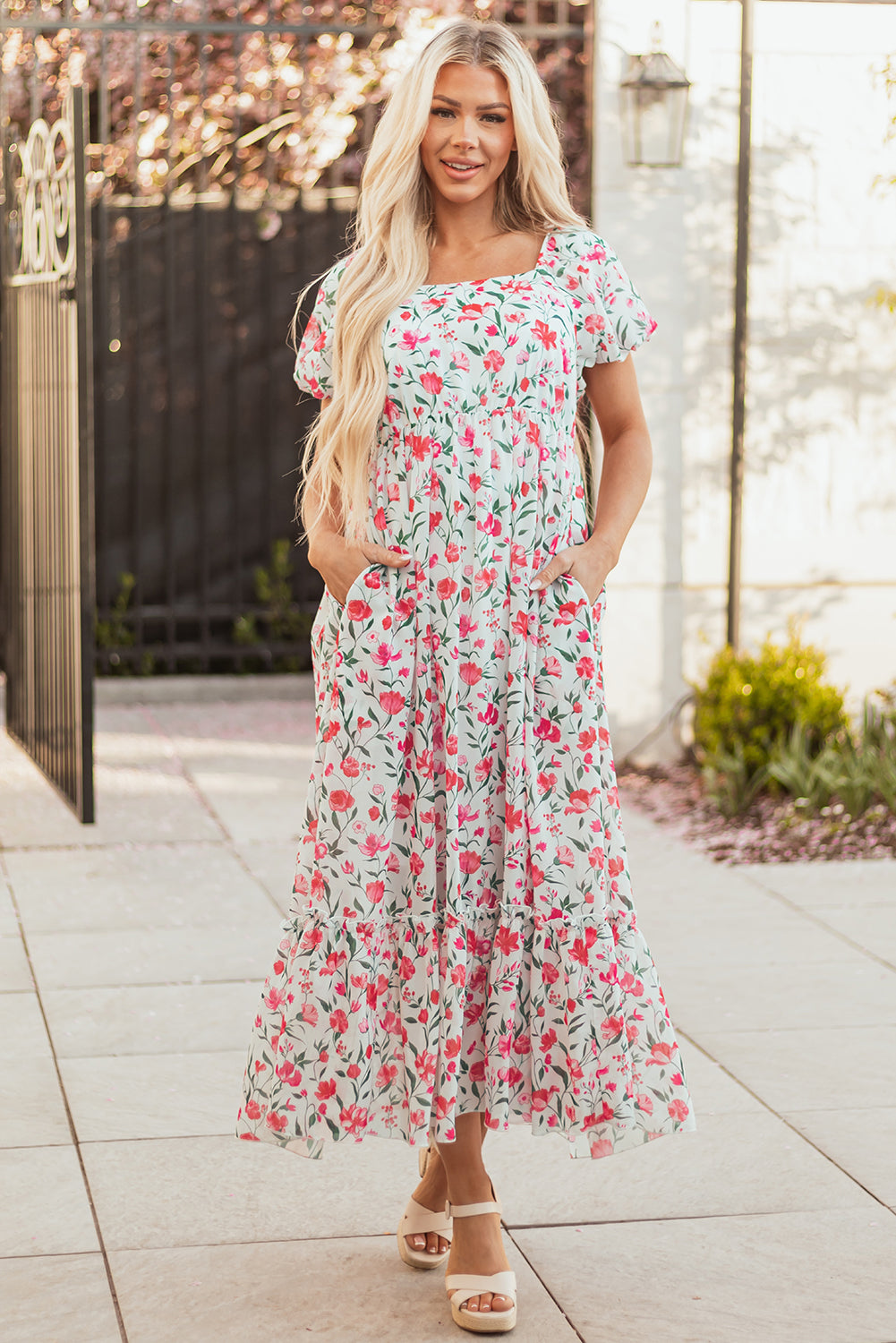 Pink Floral Puff Sleeve Square Neck Empire Waist Tiered Maxi Dress 🇨🇳