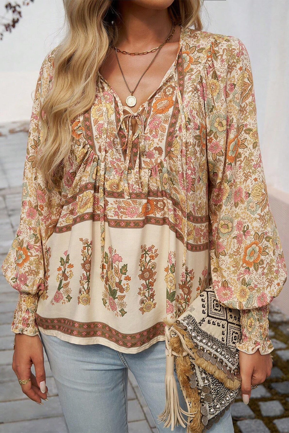 Yellow Floral Print Tie Neck Lantern Sleeve Blouse 🇺🇸