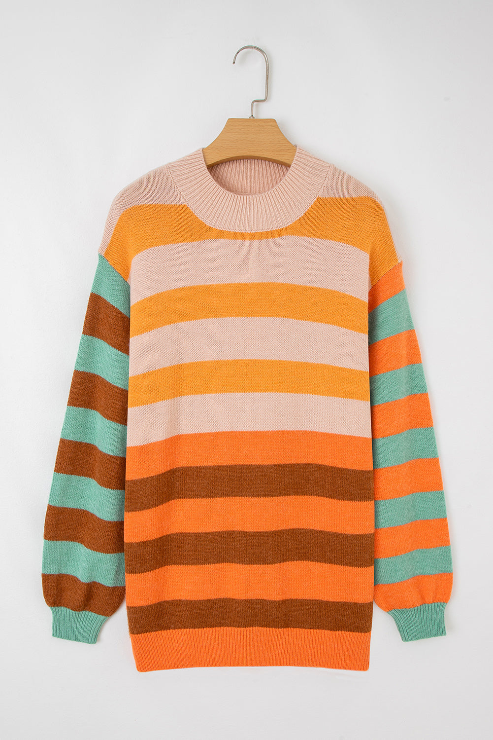 Orange Stripe Color Block High Neck Drop Shoulder Cozy Sweater 🇺🇲